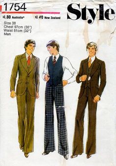 Suit Sewing Patterns for Men | 1970s Men's Suit Jacket, Waistcoat & Pants Vintage Sewing Pattern ... Modernist Fashion, 70s Queen, 1970's Hair, Fashion Sketches Men, Suit Inspiration, Vintage Fashion Sketches, Suit Drawing, Mens 3 Piece Suits