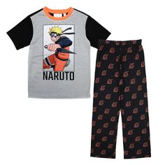 Bring your kids' favorite anime characters to bedtime with this comfy pajama set. The set includes a gray and black t-shirt with an image of Naruto and a black pair of sleep pants decorated with an orange leaf symbol representing Hidden Leaf village. Kids will love to celebrate Naruto with these comfy pajamas. Boys Pajama Pants, Hidden Leaf Village, Village Kids, Leaf Symbol, Naruto Merchandise, Leaf Village, Comfy Pajama, Naruto T Shirt, Comfy Pajamas