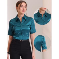 This breathable and lightweight satin blouse is made from silky fabric and offers a comfortable, feminine touch. Perfect for spring and summer, it can be paired with pants or skirts for an elegant look. Ideal for a variety of occasions, including office, work, business, meetings, formal events, and everyday wear. There are many ways to match this breathable and lightweight satin blouse. For a professional look, pair it with black pants and high heels. For a more casual look, you can wear it with Summer Satin Blouse With Button Closure, Summer Satin Button-up Blouse, Summer Button-up Satin Blouse, Formal Short Sleeve Satin Blouse, Semi-formal Collared Satin Blouse, Formal Satin Blouse With Short Sleeves, Blue Satin Blouse For Work, Blue Satin Blouse For Workwear, Blue Satin Formal Shirt