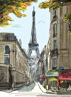 the eiffel tower in paris, france is seen through an alleyway with tables and chairs