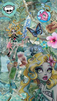 a collage of cartoon characters with flowers and other things on the side of it