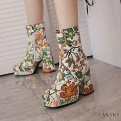 Lasaky - Vintage Embroidered Flower Ankle Boots with Chunky Heels and Square Toes Floral Ankle Boots, Light Brown Boots, Rough Heels, Embroidered Boots, Womens Stilettos, Square Head, Chunky High Heels, Casual Sport Shoes, Western Cowboy Boots