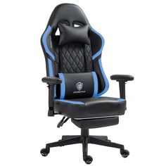 a black and blue gaming chair with an arm rest on it's backrest