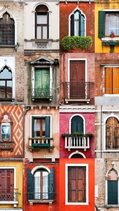 many windows and balconies are shown in different colors