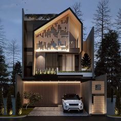 a car is parked in front of a house with lights on the roof and windows