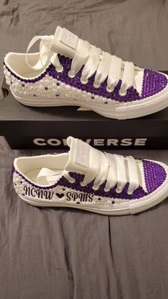 Purple and White Adult Tennis Shoes With Pearl's and Rhinestones Bling - Etsy Outfit With Pearls, Bedazzled Stuff, Pearl Outfit, Graduation Party High, Sneaker Ball, Bling Converse, Pretty Sneakers, Beaded Shoes, Tie Sneakers