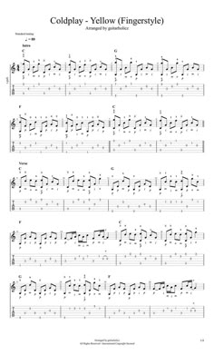 Coldplay - Yellow (Fingerstyle) Guitar Sheet Music Fingerstyle, Easy Fingerstyle Guitar Tab, Song Tabs Guitar, Sparks Coldplay Guitar Chords, Guitar Tab Music, Easy Fingerstyle Guitar Songs, Guitar Fingerstyle Tab, Fingerstyle Guitar Tabs, Come As You Are Guitar Tab