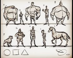 the concept art for an animated movie character, with various poses and body shapes to be used