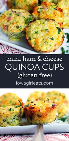 mini ham and cheese quiche cups on a plate with the title in the middle