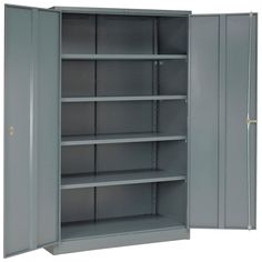 an empty gray metal storage cabinet with shelves and doors open to reveal the contents inside