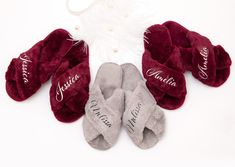 three pairs of personalized slippers with names on them