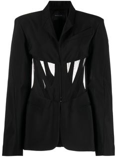 black mesh detailing notched collar hook and eye fastening long sleeves two side welt pockets Mugler Blazer, Corset Blazer, Avant Garde Aesthetic, Blazer Jeans, Black Tweed, Blazer Designs, Aesthetic Women, Hook And Eye, French Brands