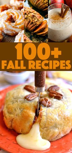 an orange plate topped with pies covered in frosting and pecans on top of it