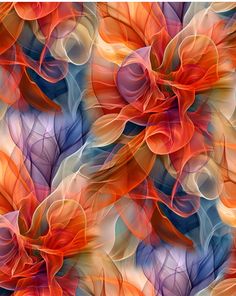 an abstract painting of flowers and leaves in orange, blue, red and purple colors