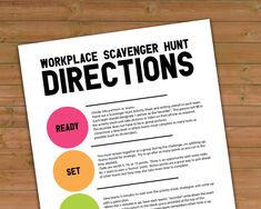 the work place scavenger hunt directions are displayed on a piece of white paper