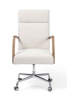 an office chair with wheels on the back and seat upholstered in white fabric