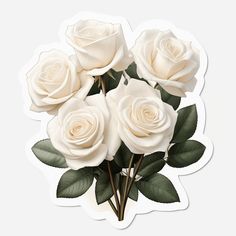 a bouquet of white roses with green leaves on a sticker, isolated against a white background