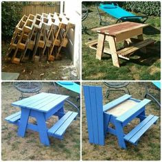 four pictures of different benches and tables made out of pallets