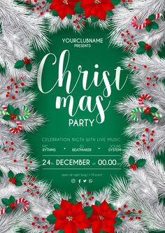 a christmas party flyer with poinsettis and fir trees on the front cover