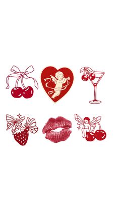 valentine's day stickers with cherries, lips and cupcakes on them