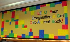 a bulletin board with legos on it that says leo your imagination and get into a great book