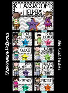 classroom helpers poster with the names and colors