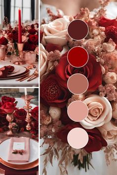 the wedding table is set with red and pink flowers, candles, and napkins