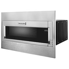 a stainless steel microwave oven with the door open