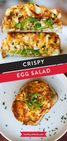 an egg salad sandwich on a plate with the words crispy egg salad