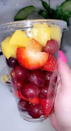 a person holding a plastic container filled with fruit on top of a white countertop