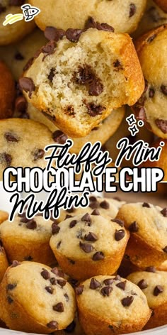 chocolate chip muffins stacked on top of each other with the title overlay