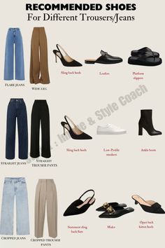 Finding the perfect shoes to pair with your bottoms can truly elevate your outfits to the next level! The right combination not only enhances your style but also boosts your confidence. Jeans And Shoes Guide, Types Of Trousers, Perfect Shoes, Trouser Jeans, Next Level, Different Types, Your Style, The Next, Trousers