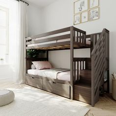 a bunk bed with stairs in the middle and a white rug on the floor next to it