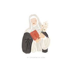 a drawing of a nun holding a book and flowers