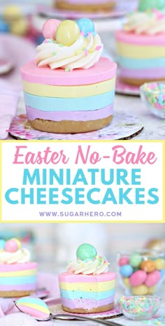 an easter no bake cheesecake with pastel colors and sprinkles