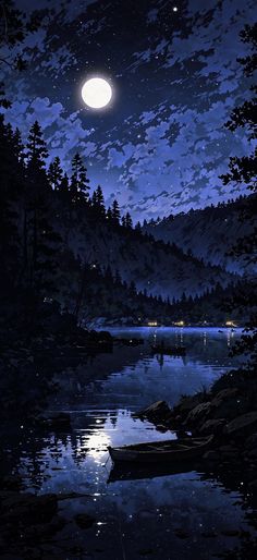 a boat floating on top of a lake under a moon filled sky with stars and clouds