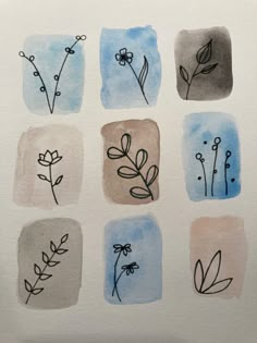 nine watercolor paintings of different plants and flowers on white paper with blue, pink, gray and black ink