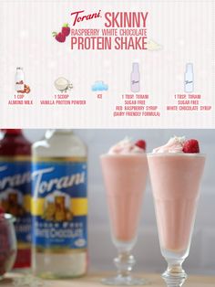 two glasses filled with raspberry white chocolate protein shake