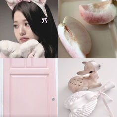 a collage of photos including an apple, a cat and a woman in bunny ears