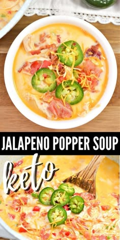 jalapeno popper soup in a white bowl on a wooden table