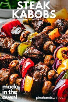 steak kabobs on a plate with text overlay