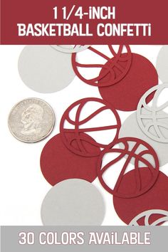 basketball confetti cutouts are shown in red and white with the words, 1 / 4 inch basketball confetti 30 colors available