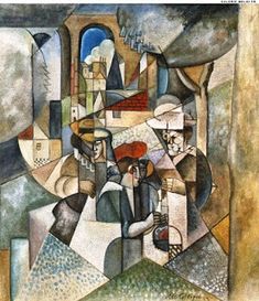 an abstract painting with people and buildings in the background, one person is holding a guitar