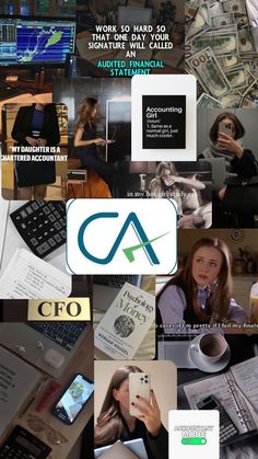 the collage shows many different types of business and finance related items, including money