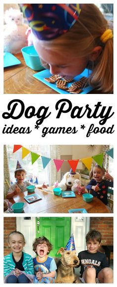 two pictures with the words dog party on them and an image of children at a birthday party