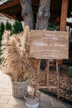 a welcome sign in front of a tree on the sidewalk next to a potted plant