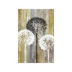 a dandelion painting on wood with white flowers