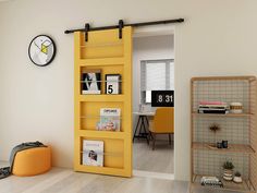 a yellow sliding door is open to reveal a room with a clock on the wall