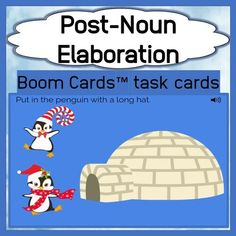 a penguin and penguinling are in front of an iglot with the words boom cards