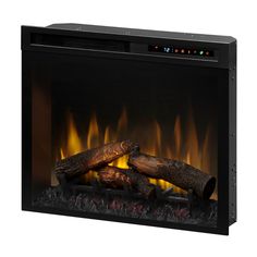 an electric fireplace with logs and flames in the front, on a white background that appears to be black